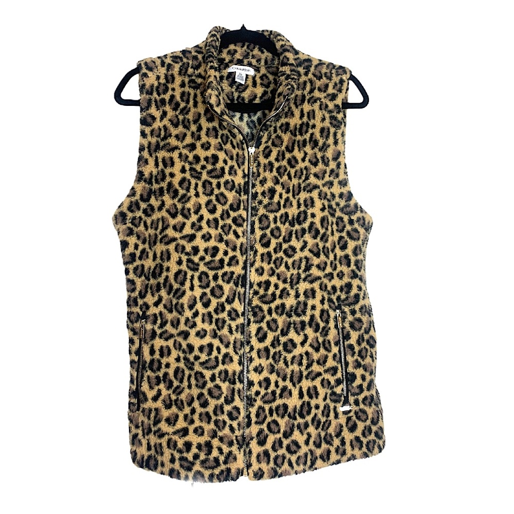 Calvin Klein NEW WITHOUT TAGS Fuzzy Cheetah Vest Large Size Zipper closure